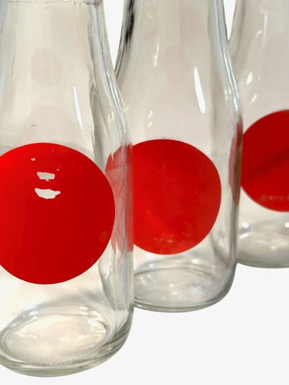 Set 6 Glass Bottles in Red Metal Carrier w/ Holes for Straws, Farmhouse Chic